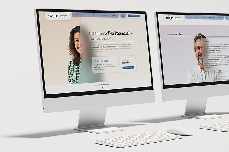 Clyos Landingpage auf Desktop erstellt von Atelier Türke Zwei Desktop-Bildschirme zeigen die Clyos-Website mit Landingpage-Inhalten und Keyvisuals im modernen, reduzierten Design.